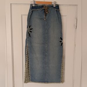 Illegal Jeans Denim Maxi Skirt with Crochet Trim